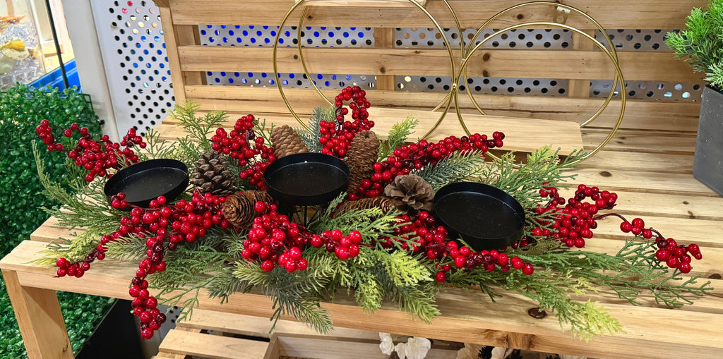 Festive Candle Holder with Red Berries & Pine Cones