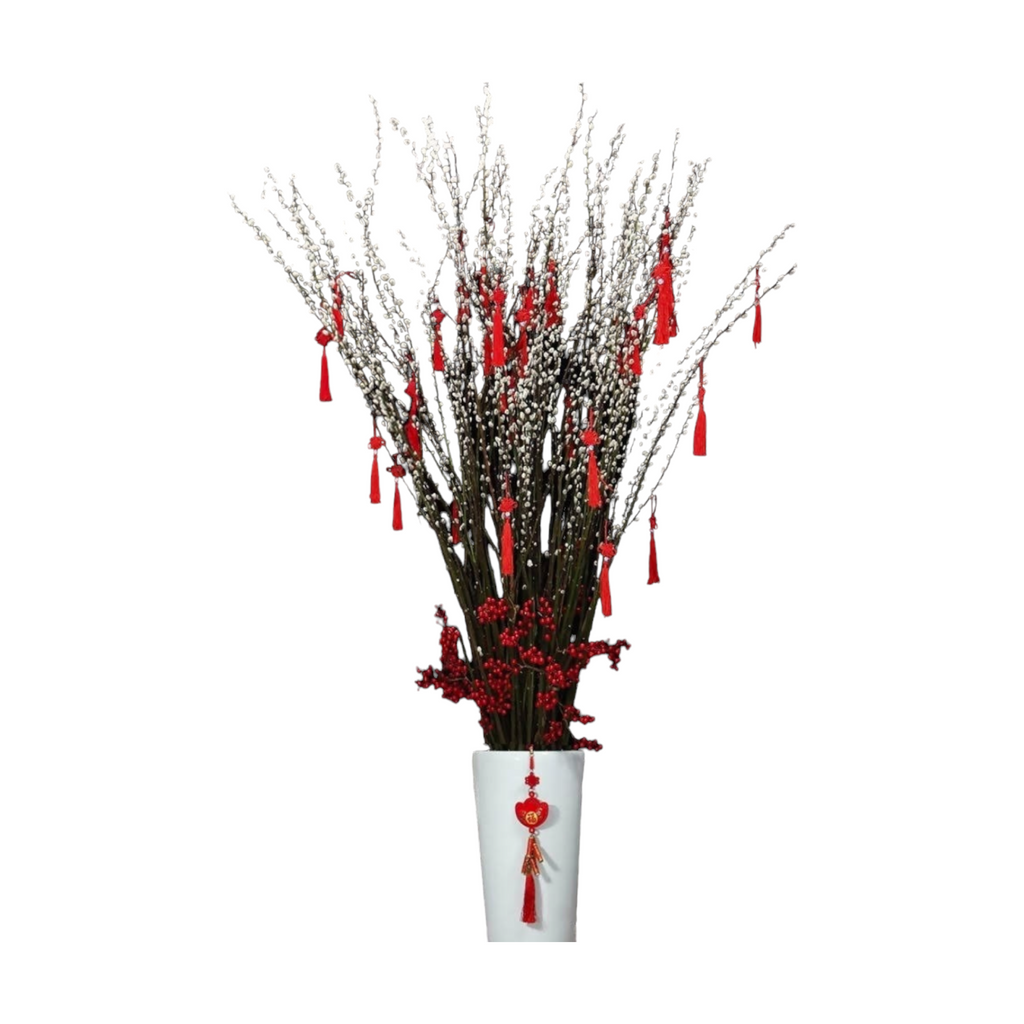 [PRE-ORDER] Lucky Blossoms - Pussy Willow Arrangement with Decor in Tall Ceramic Pot