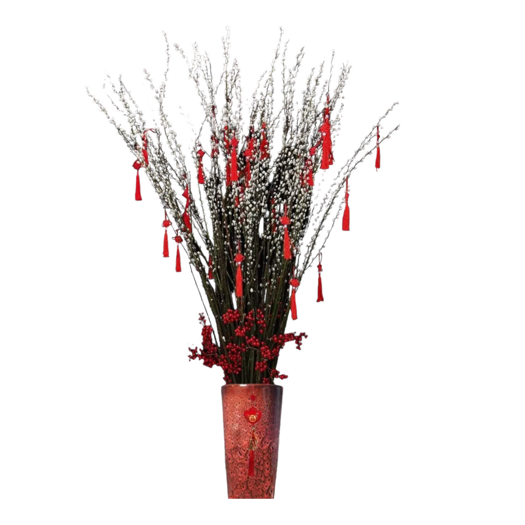 [PRE-ORDER] Lucky Blossoms - Pussy Willow Arrangement with Decor in Tall Ceramic Pot