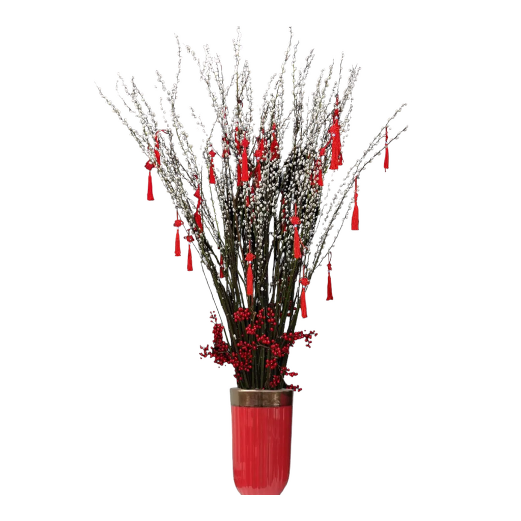 [PRE-ORDER] Lucky Blossoms - Pussy Willow Arrangement with Decor in Tall Ceramic Pot