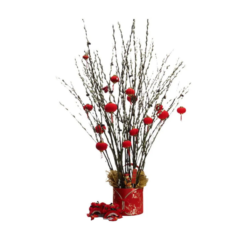 Preserved Pussy Willow with CNY Deco in Red Basket (旺财之花) (1.2mH)