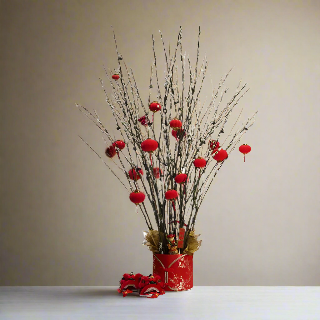 Preserved Pussy Willow with CNY Deco in Red Basket (旺财之花) (1.2mH)