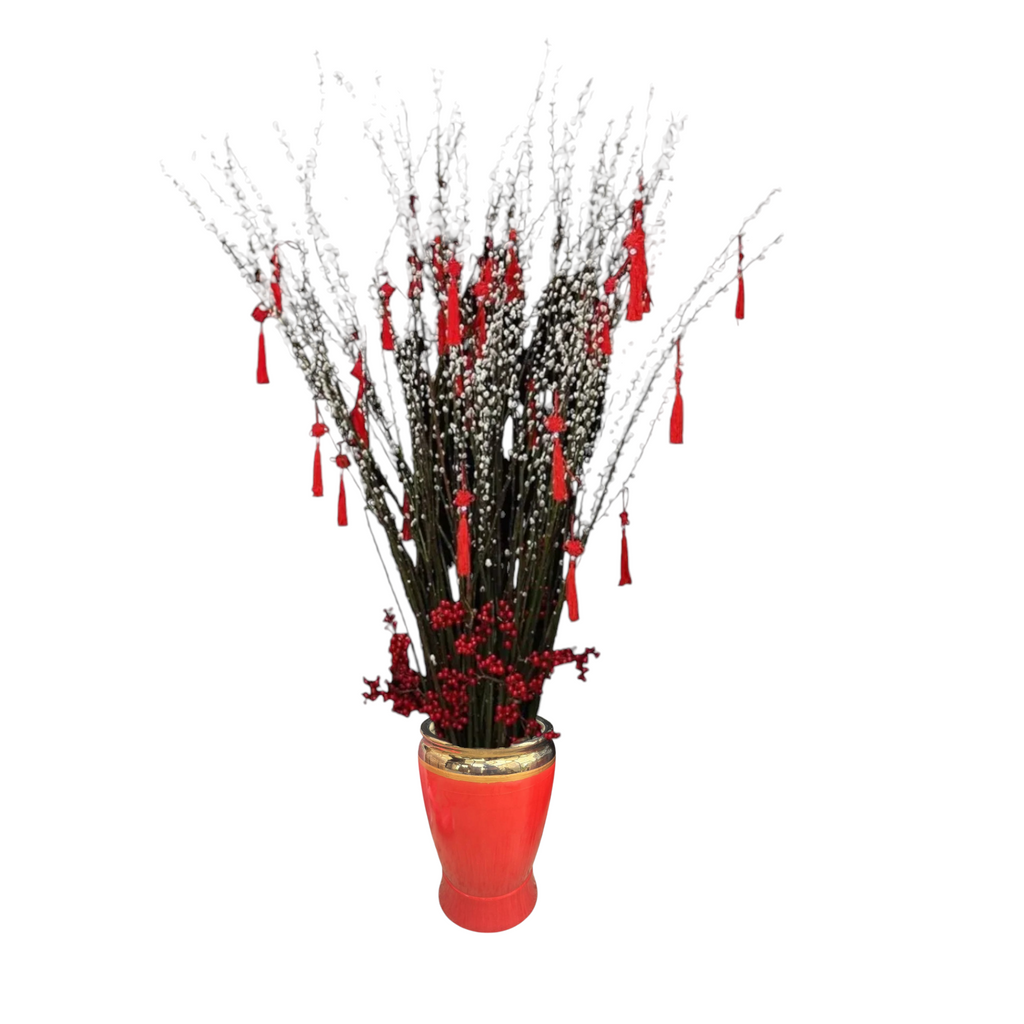 [PRE-ORDER] Lucky Blossoms - Pussy Willow Arrangement with Decor in Tall Ceramic Pot