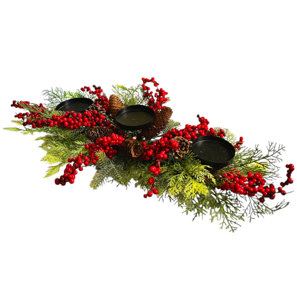 Festive Candle Holder with Red Berries & Pine Cones