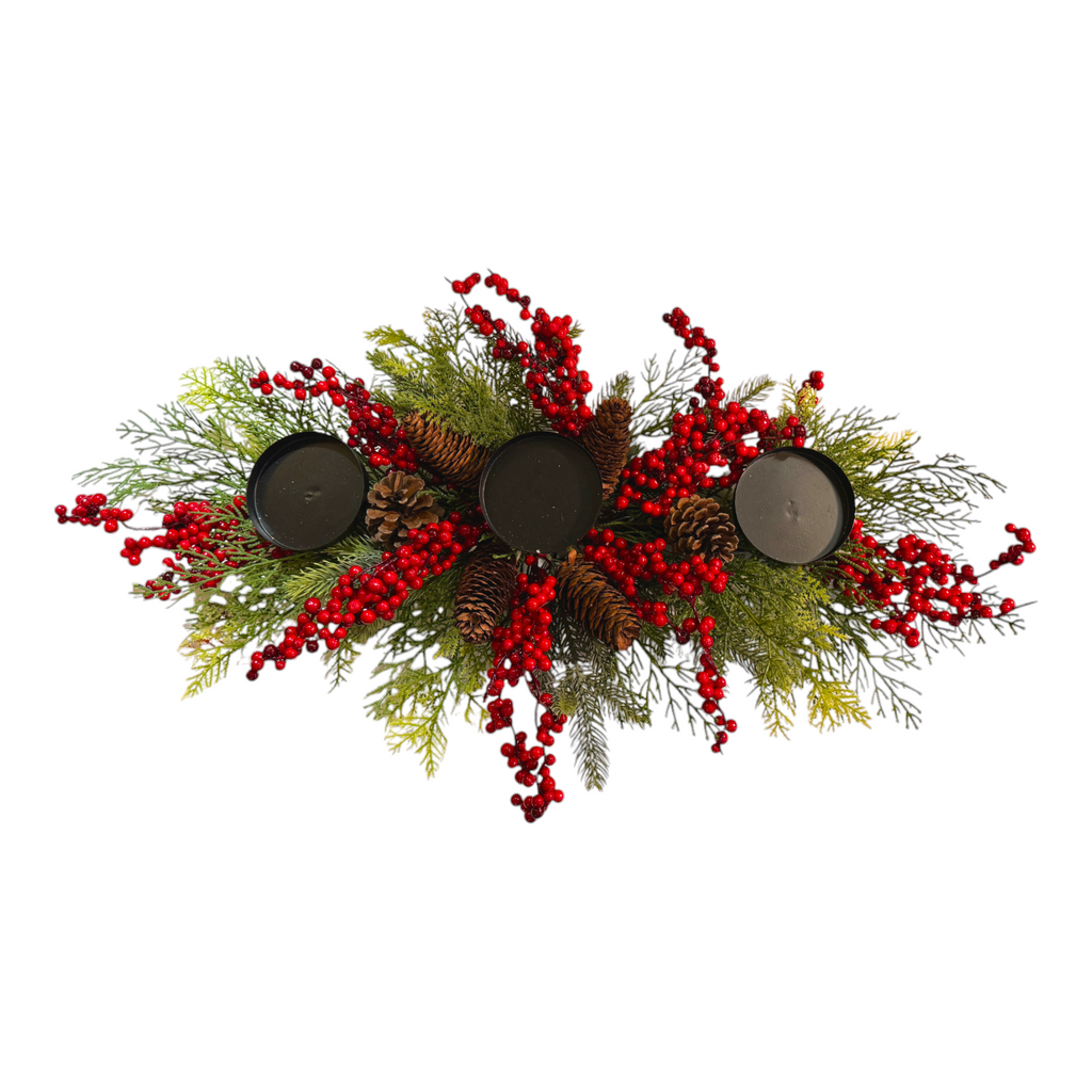 Festive Candle Holder with Red Berries & Pine Cones