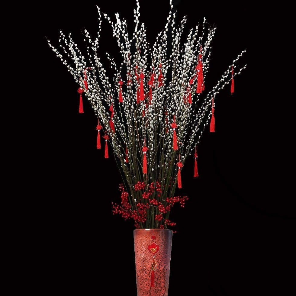 [PRE-ORDER] Lucky Blossoms - Pussy Willow Arrangement with Decor in Tall Ceramic Pot