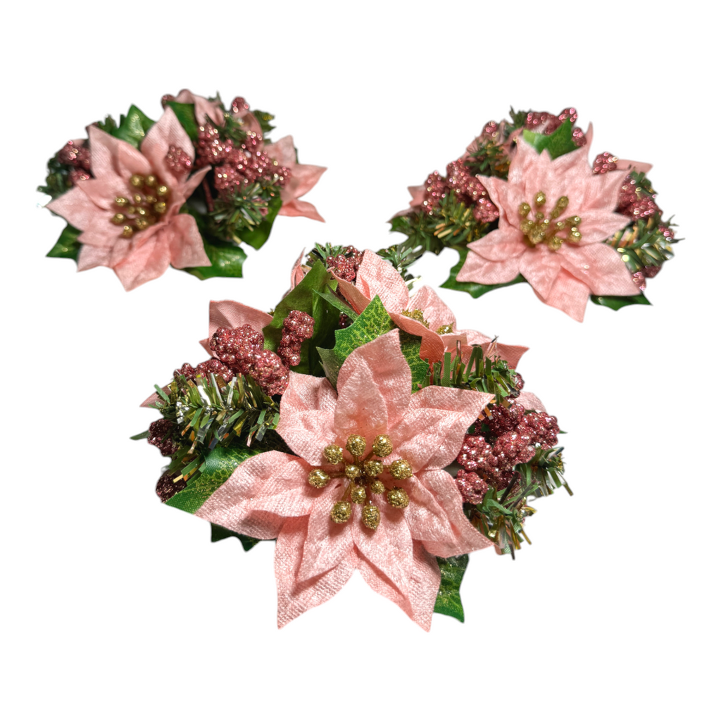 Pink Poinsettia & Berry Candle Ring, Bundle of 3