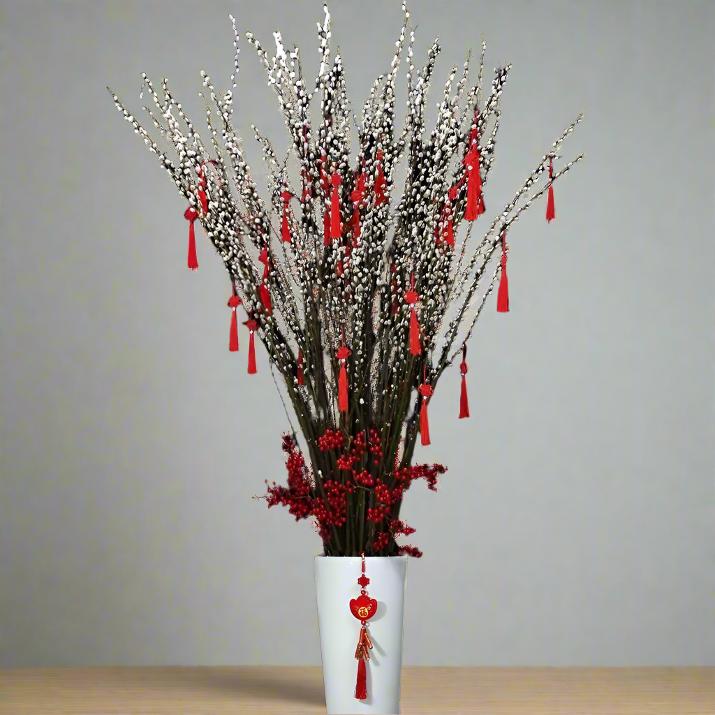 Lucky Blossoms - Pussy Willow Arrangement with Decor in Tall Ceramic Pot