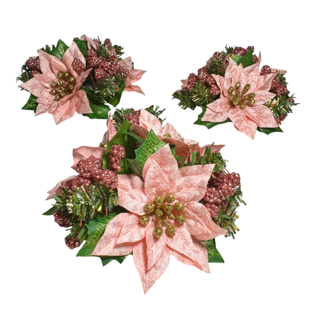 Pink Poinsettia & Berry Candle Ring, Bundle of 3