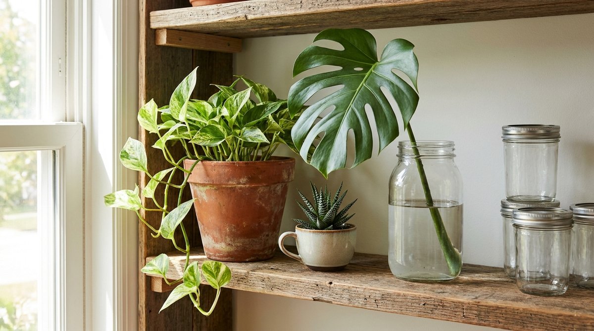 A collection of affordable indoor collector plants including variegated pothos, Haworthia succulent, and Monstera cutting in propagation jars on a wooden shelf.
