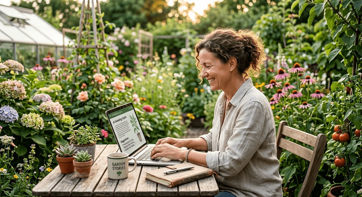 A garden blogger writing at a laptop surrounded by potted plants and a notebook