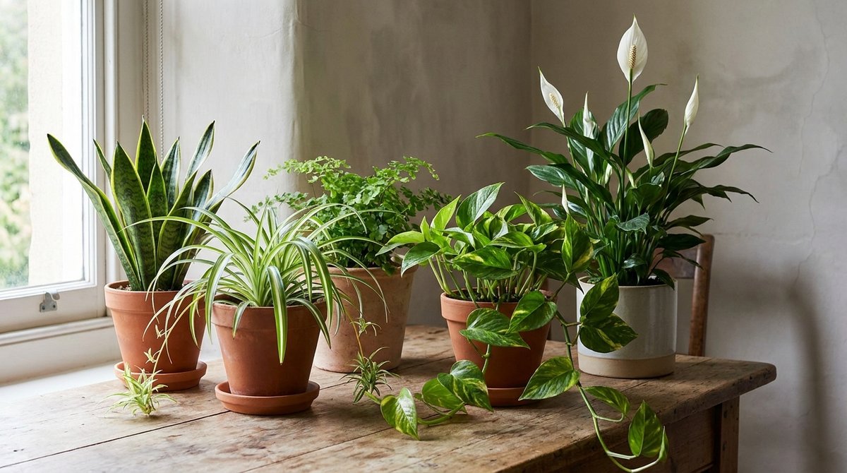 Indoor air-purifying plants including spider plant, snake plant, pothos, and peace lily on a wooden table in natural daylight.