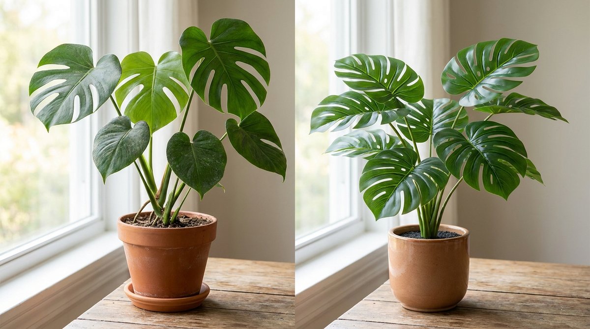Side-by-side comparison of a real monstera plant and a high-quality artificial monstera plant on a wooden table