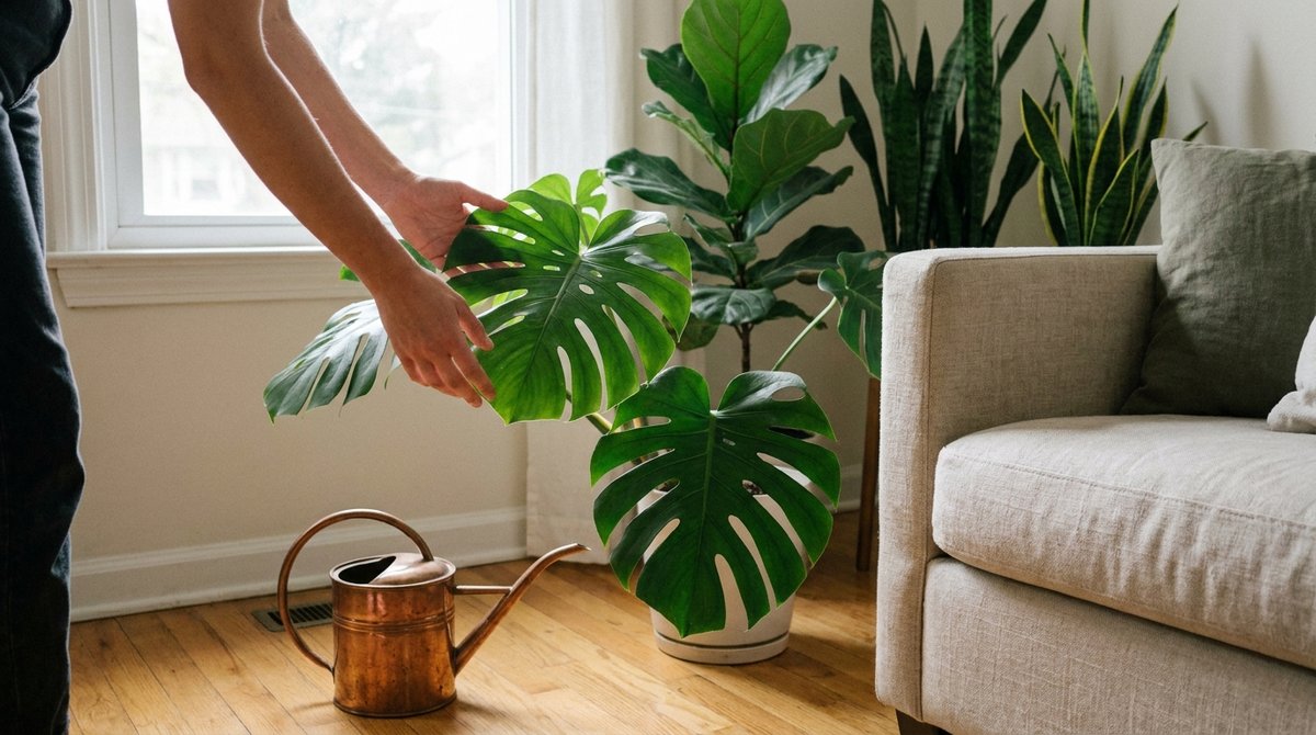 A person inspecting a Monstera leaf during a weekly houseplant care routine in a sunlit room.
