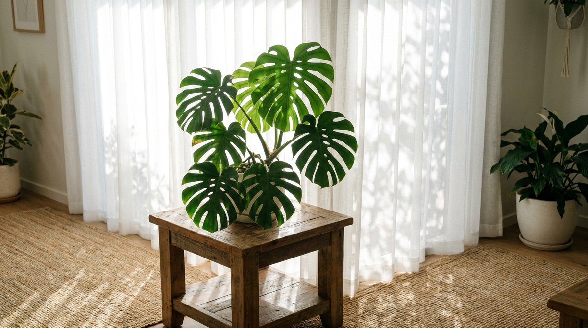Monstera deliciosa in bright indirect light from a sheer-curtained east window, soft shadows on leaves