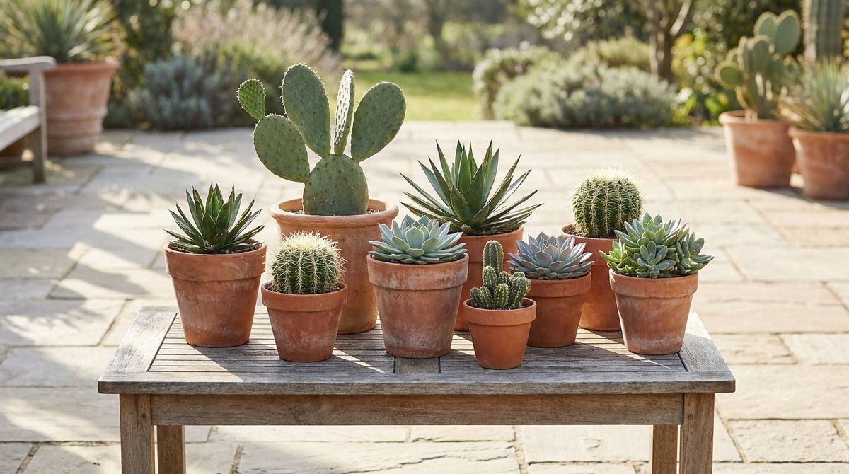 A collection of cactus and succulent plants in terracotta pots on a wooden table, bathed in natural daylight.