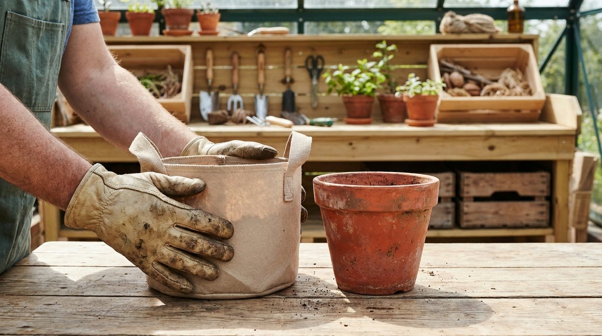 Noah's hands selecting reusable fabric and terracotta pots on a wooden table with minimal waste.
