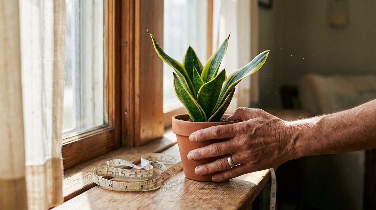 Hand holding a small potted Snake plant next to a measuring tape by a sunlit window, illustrating how to choose plants by size and light.