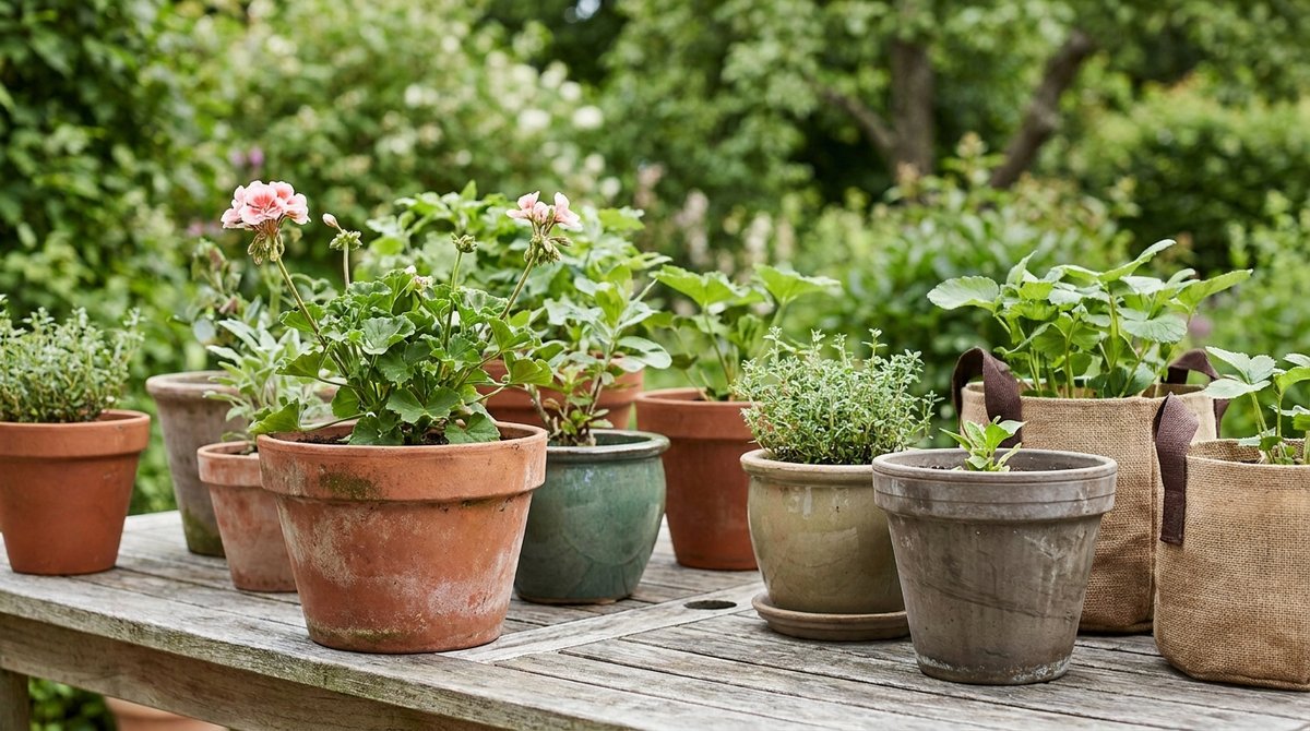 A selection of pots and planters including terracotta, ceramic, and fabric, with plants, on a wooden table in garden setting.