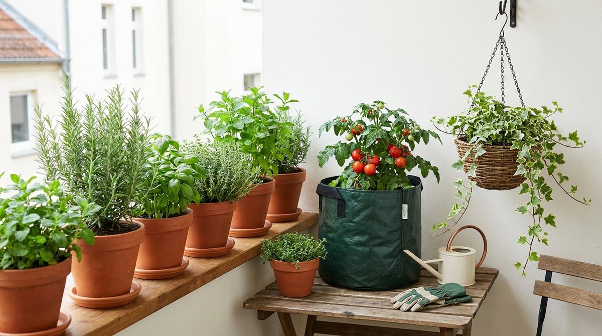 Small balcony container garden with terracotta pots, fabric pot, and hanging basket, natural light.