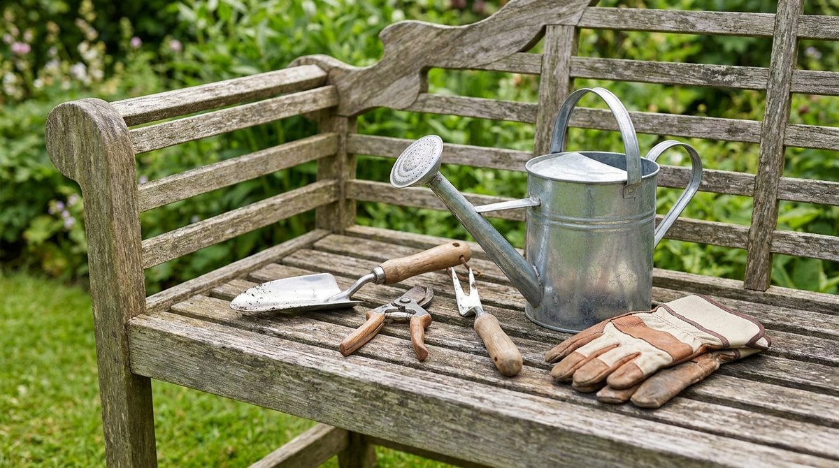 Essential gardening tools arranged on a wooden bench: trowel, pruners, weeder, watering can, and gloves, in a lush garden setting.