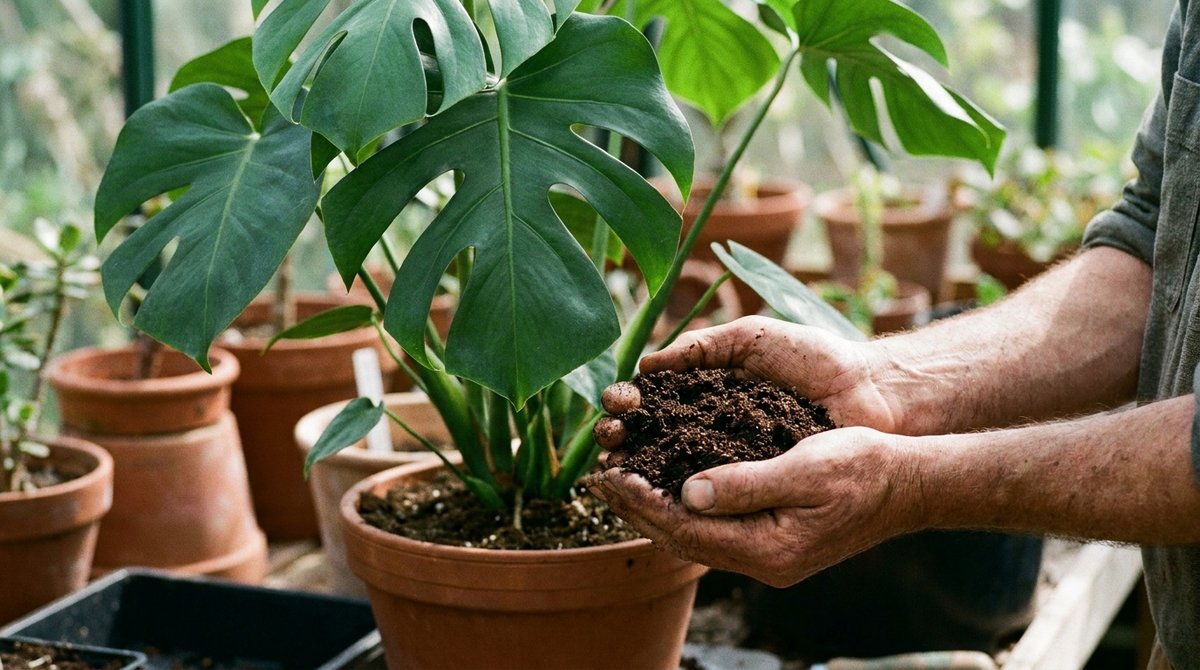 Gardener's hands holding compost near a monstera plant