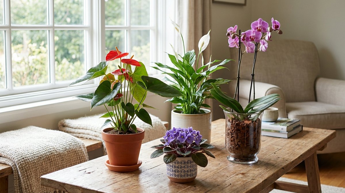 Indoor flowering plants on a wooden table in a bright living room: anthurium, peace lily, moth orchid, and African violet.