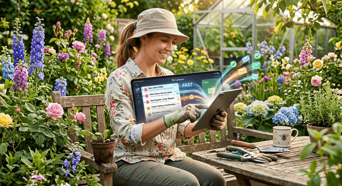 A gardener closing a laptop on an outdoor table beside a sunlit vegetable garden