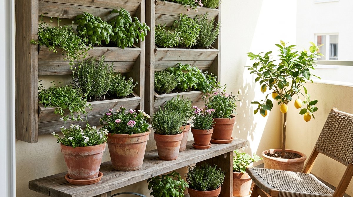 Small balcony garden with vertical planters and terracotta pots