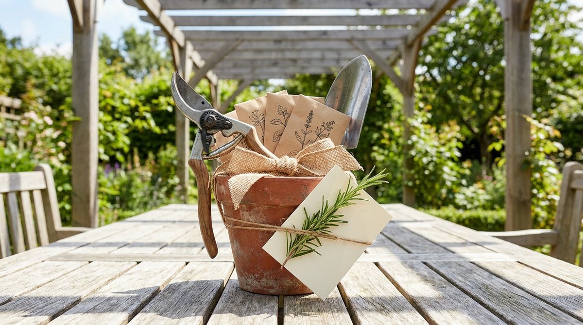 Garden gift set with terracotta pot, hand tools, seed packets, and a gift card on a wooden table.