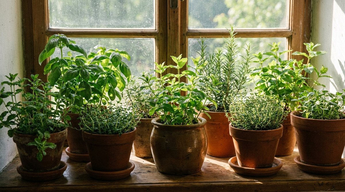 Potted herbs including basil, mint, rosemary, and thyme arranged on a sunlit windowsill.