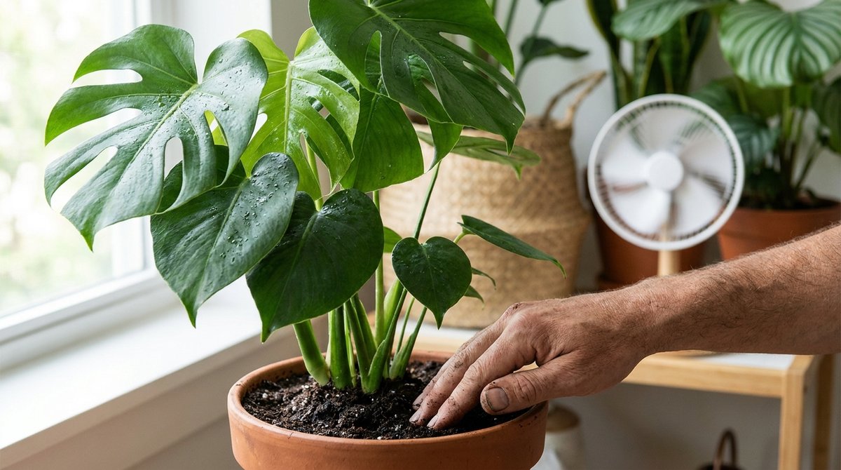 Noah checking soil moisture of a tropical houseplant in high humidity, with fan in background.