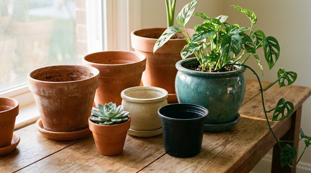 Assorted plant pots on a table, including terracotta, glazed ceramic, and plastic, with indoor plants in natural light