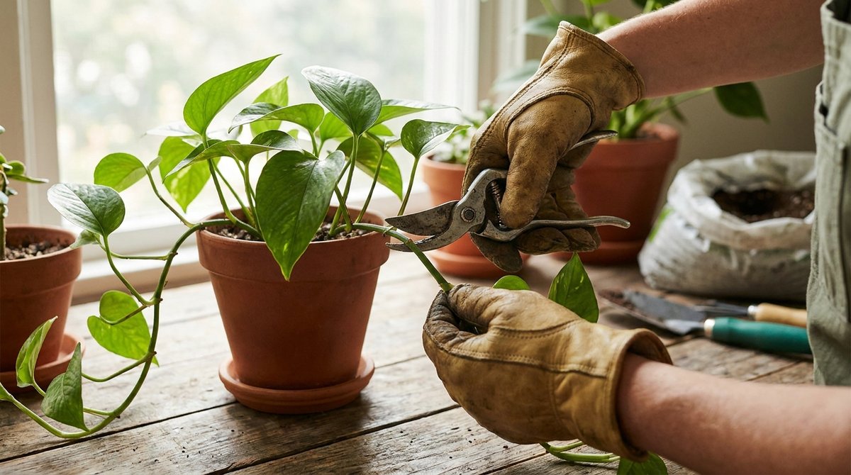 Pruning pothos plant with scissors above a node for bushier growth