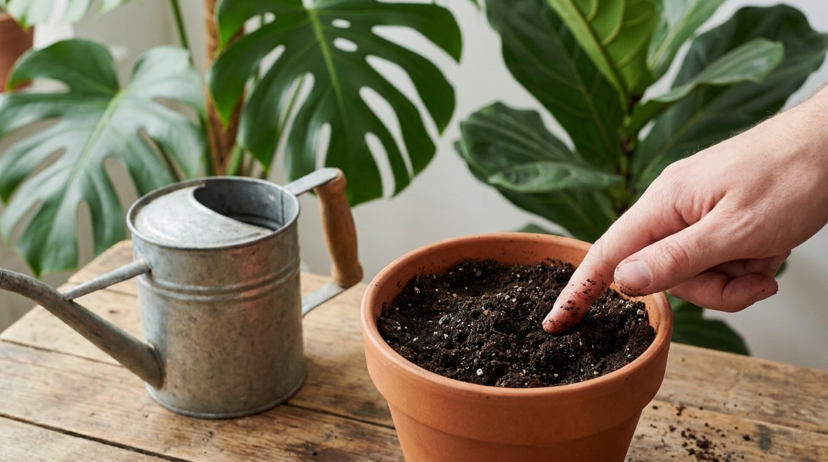 Noah checking soil moisture by pressing a finger into the potting soil with a watering can beside the pot