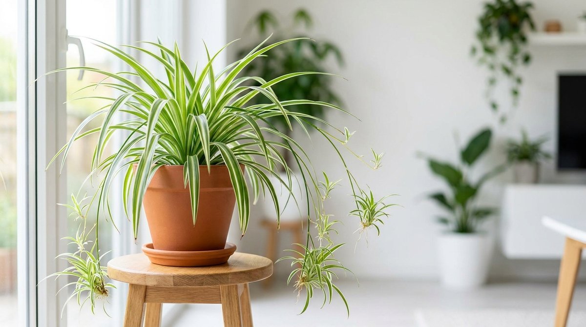 Spider plant with spiderettes ready for propagation