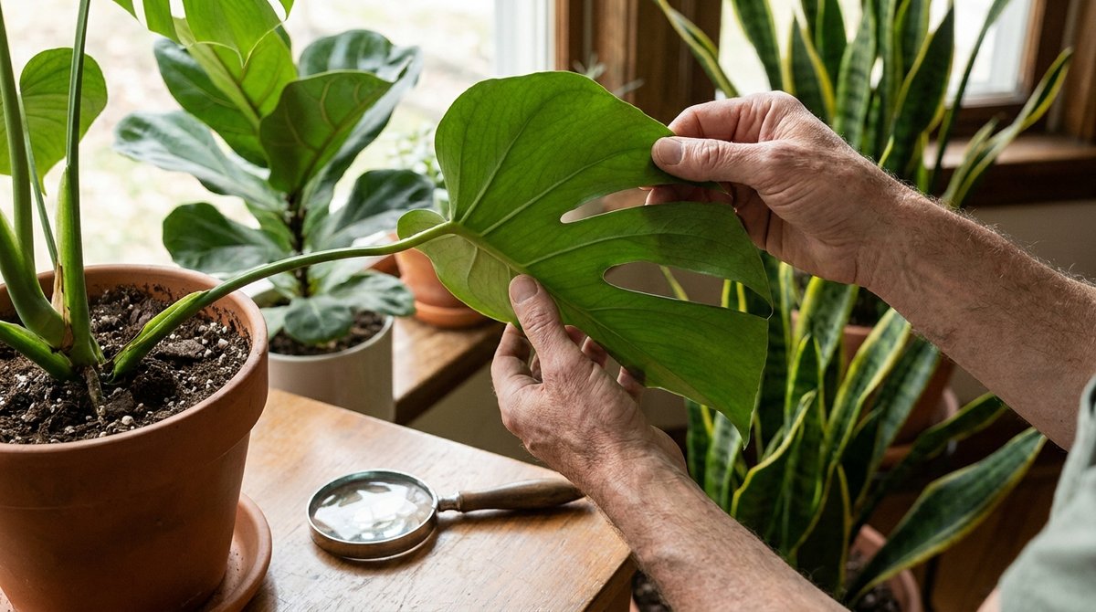 Gardener inspecting houseplant leaves for pests