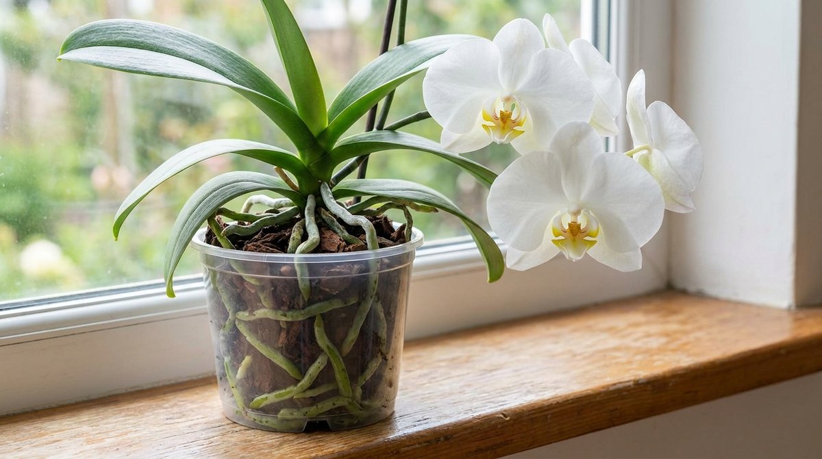 Healthy Phalaenopsis orchid in clear pot with visible roots on a sunlit windowsill.