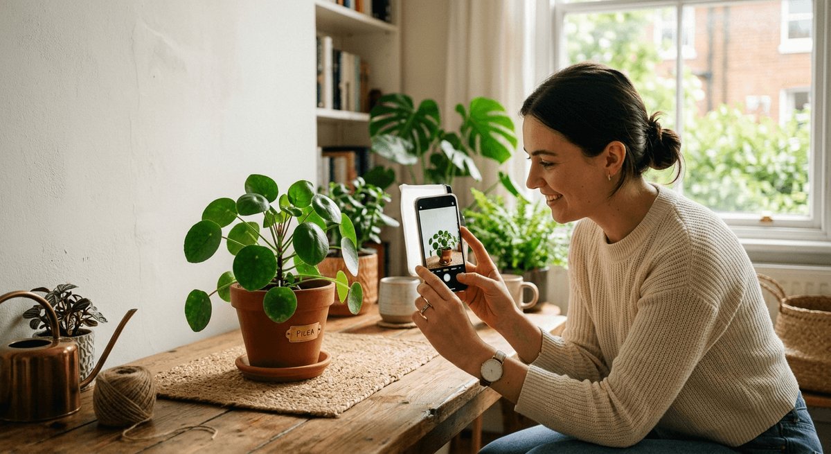 A plant seller photographing a potted Pilea on a phone beside a bright window