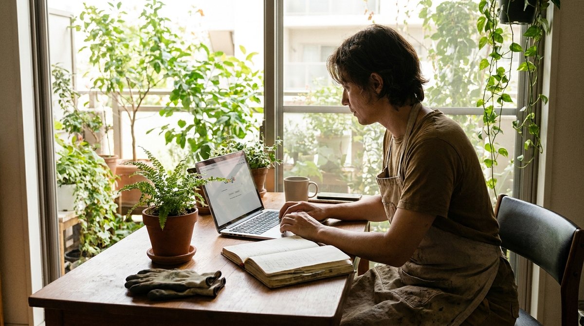 Gardener searching for plant information on a laptop in a sunlit room with plants nearby.