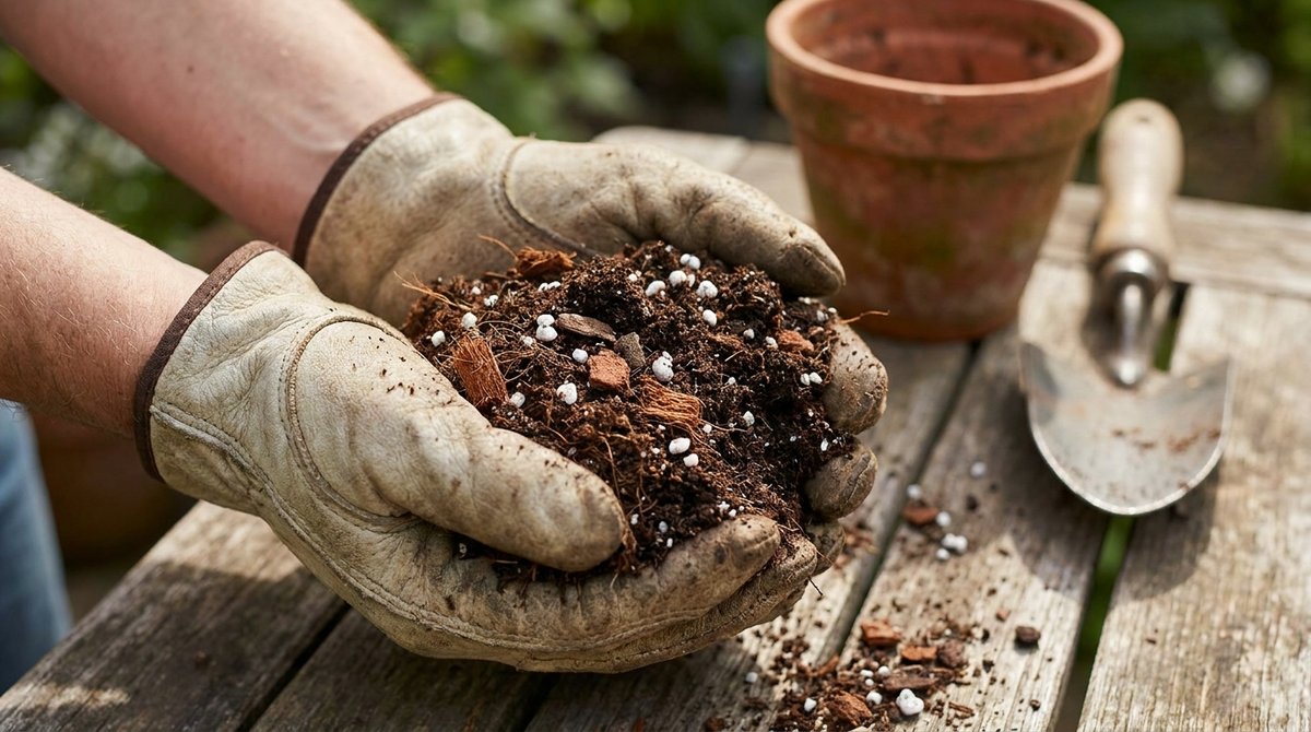 Gardener's hands holding a fluffy potting mix with perlite and bark chips on a wooden table.