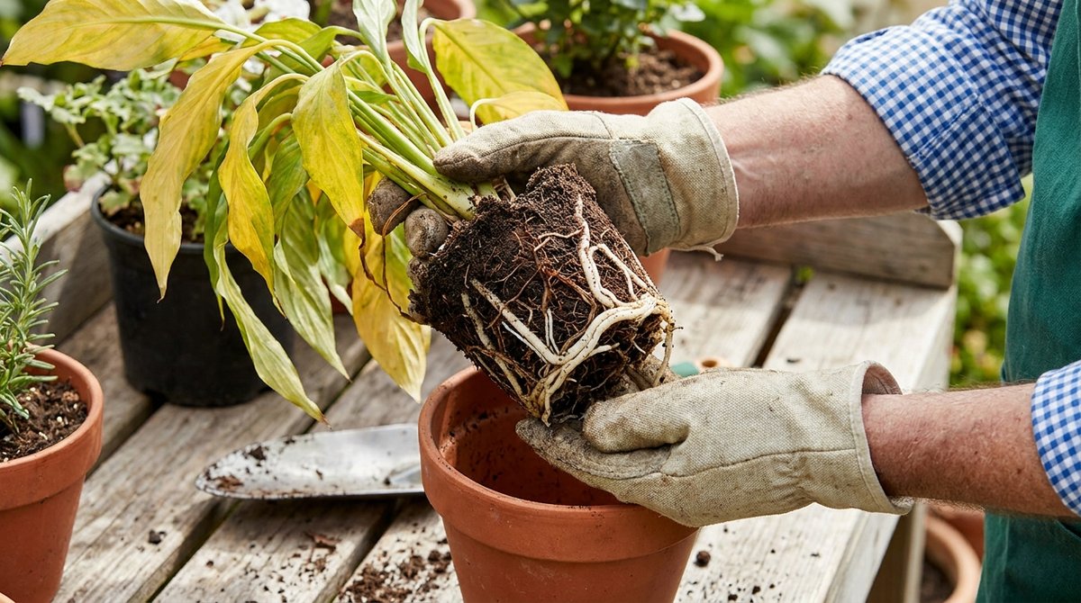 Gardener's hands holding a potted plant with exposed roots, showing healthy white roots and rotting brown roots.