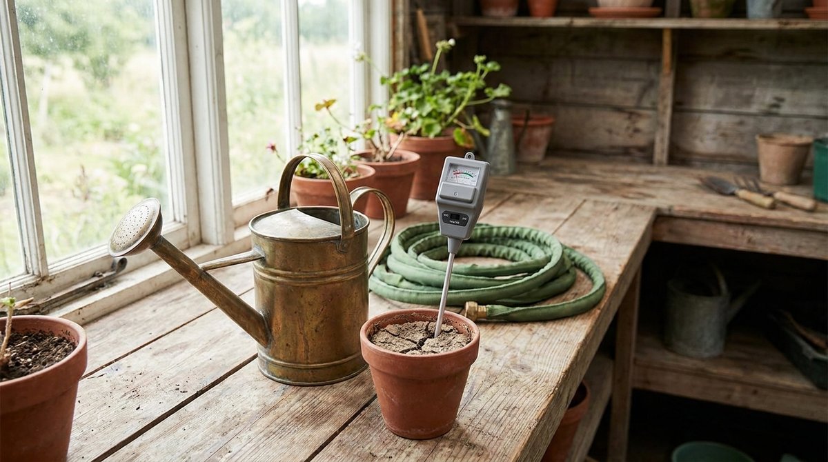 Watering tools including a brass watering can, a moisture meter in soil, and a green soaker hose on a wooden table.