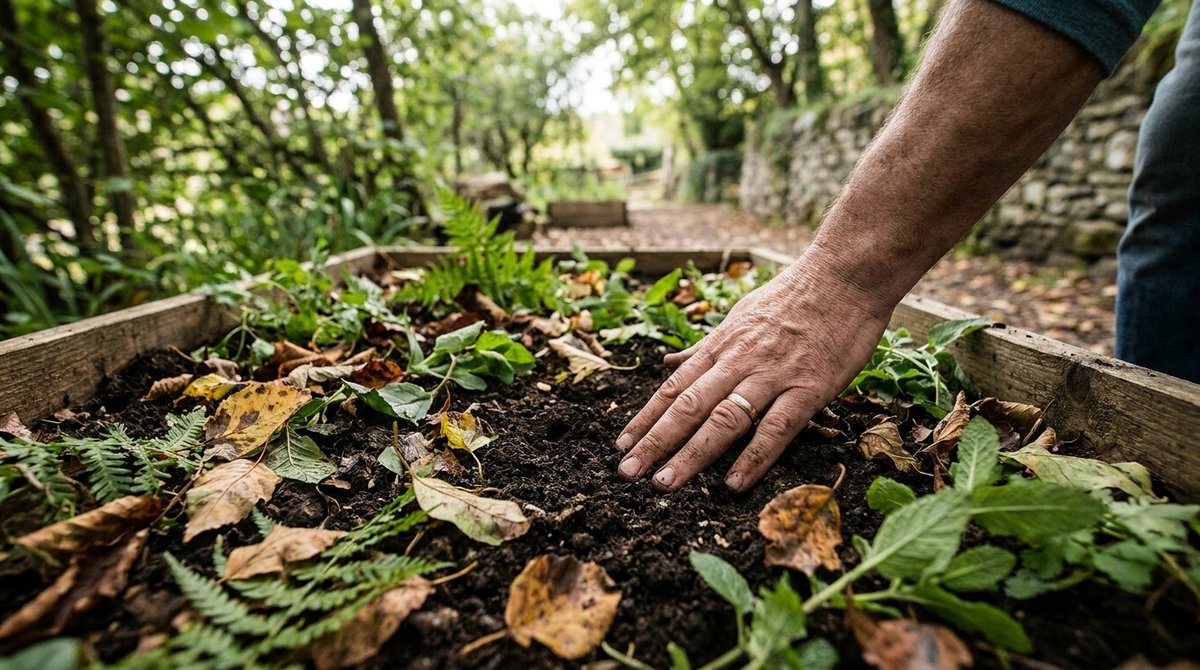 Gardener observing soil and seasonal leaf changes in a garden bed