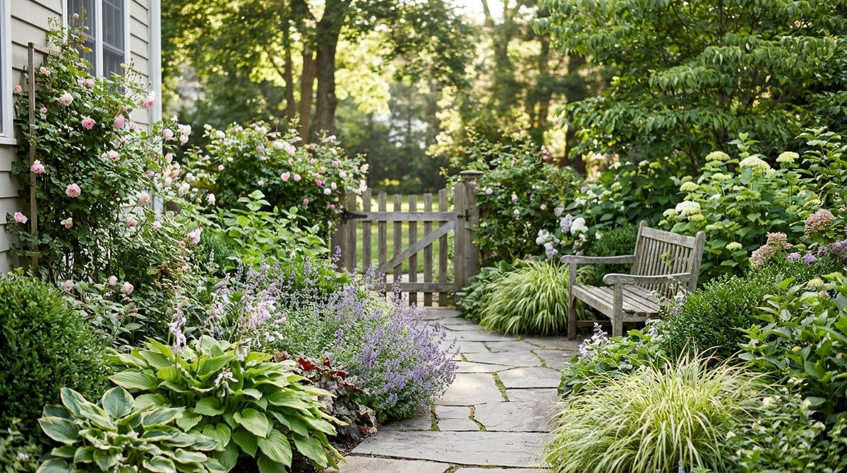 A beautifully designed garden with winding path, layered plants, and dappled sunlight.