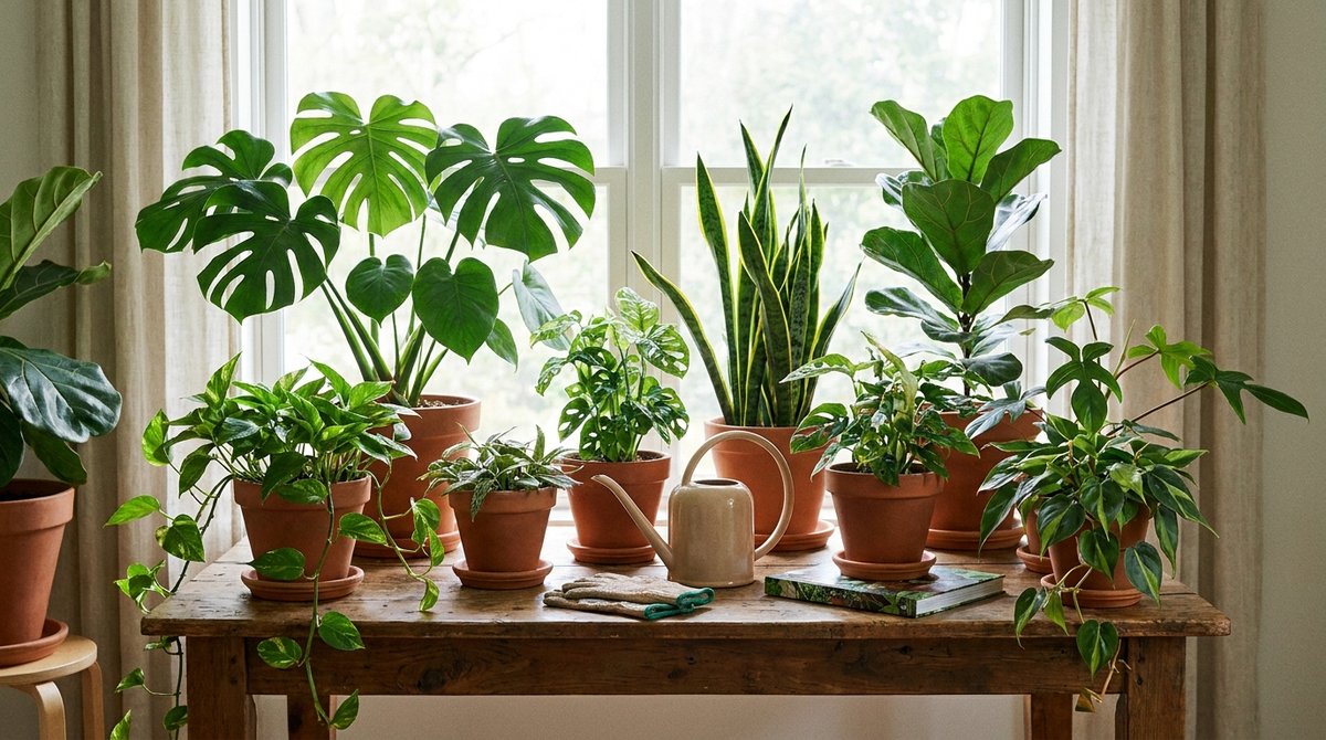 Collection of healthy houseplants in terracotta pots on a wooden table in natural daylight.