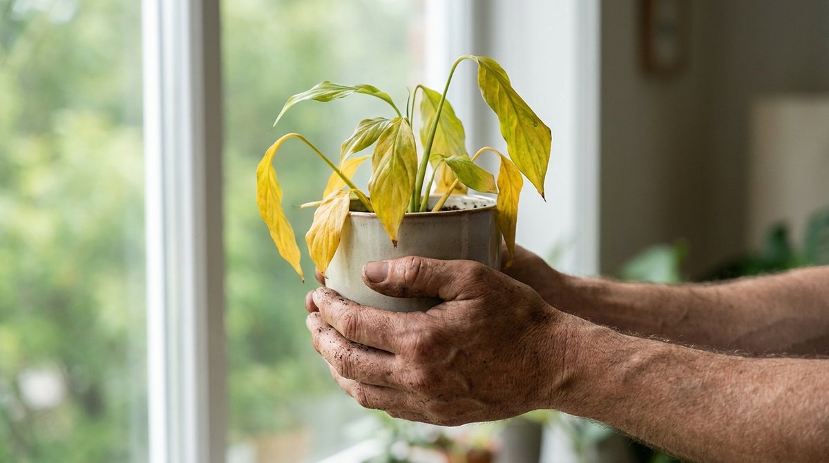 Gardener inspecting a plant with yellow leaves for signs of problems.