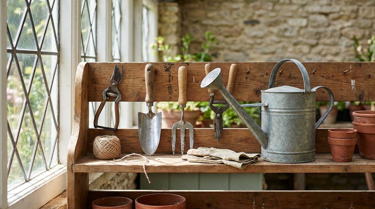 Organized gardening tools on a wooden shelf in natural light