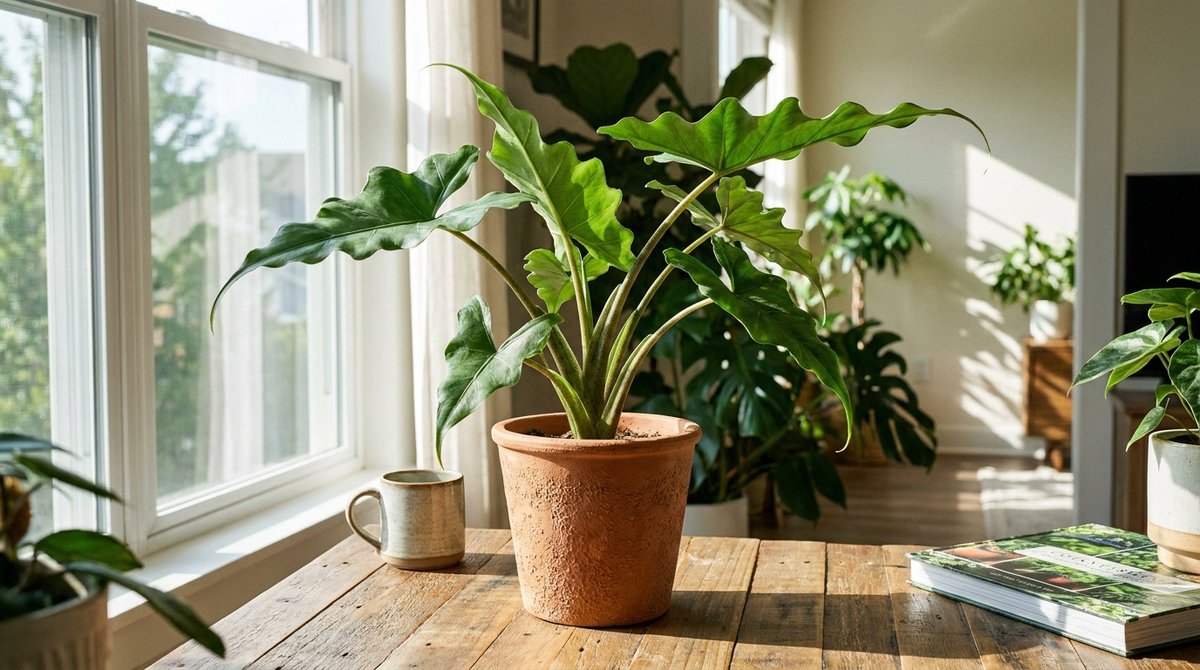 Alocasia Stingray (Alocasia macrorrhiza 'Stingray') with large green wavy leaves in a terracotta pot near a sunlit window.