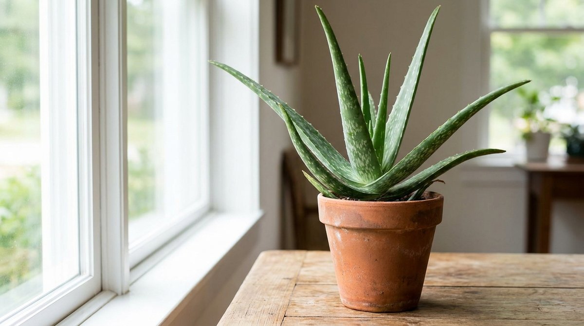 Aloe Vera plant in a terra cotta pot near a sunny window